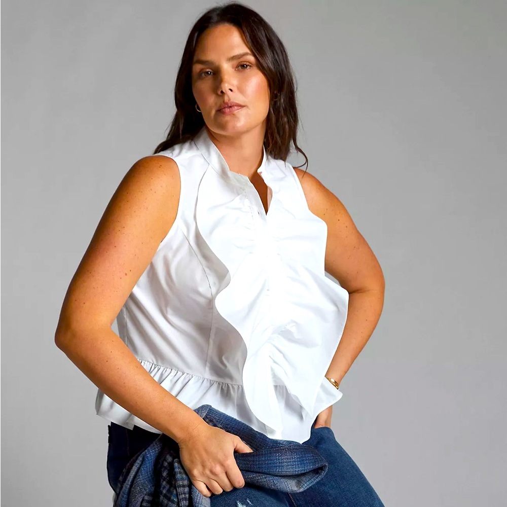 Anthropologie White Ruffled Sleeveless Blouse